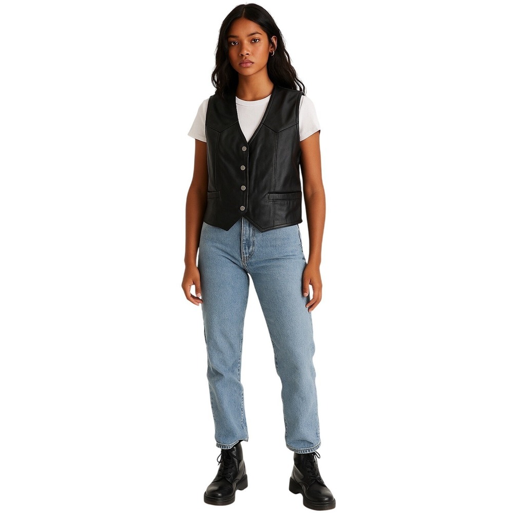 FIRST CLASSICS Black Leather Vest Biker Moto Snap Front Pocketed Size M
